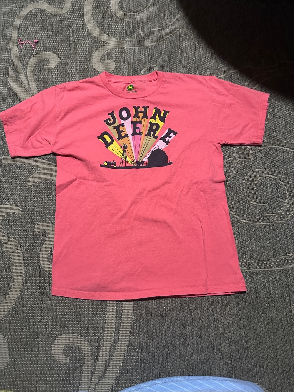 John Deere Pink Tee with Multicolor Farm Graphic